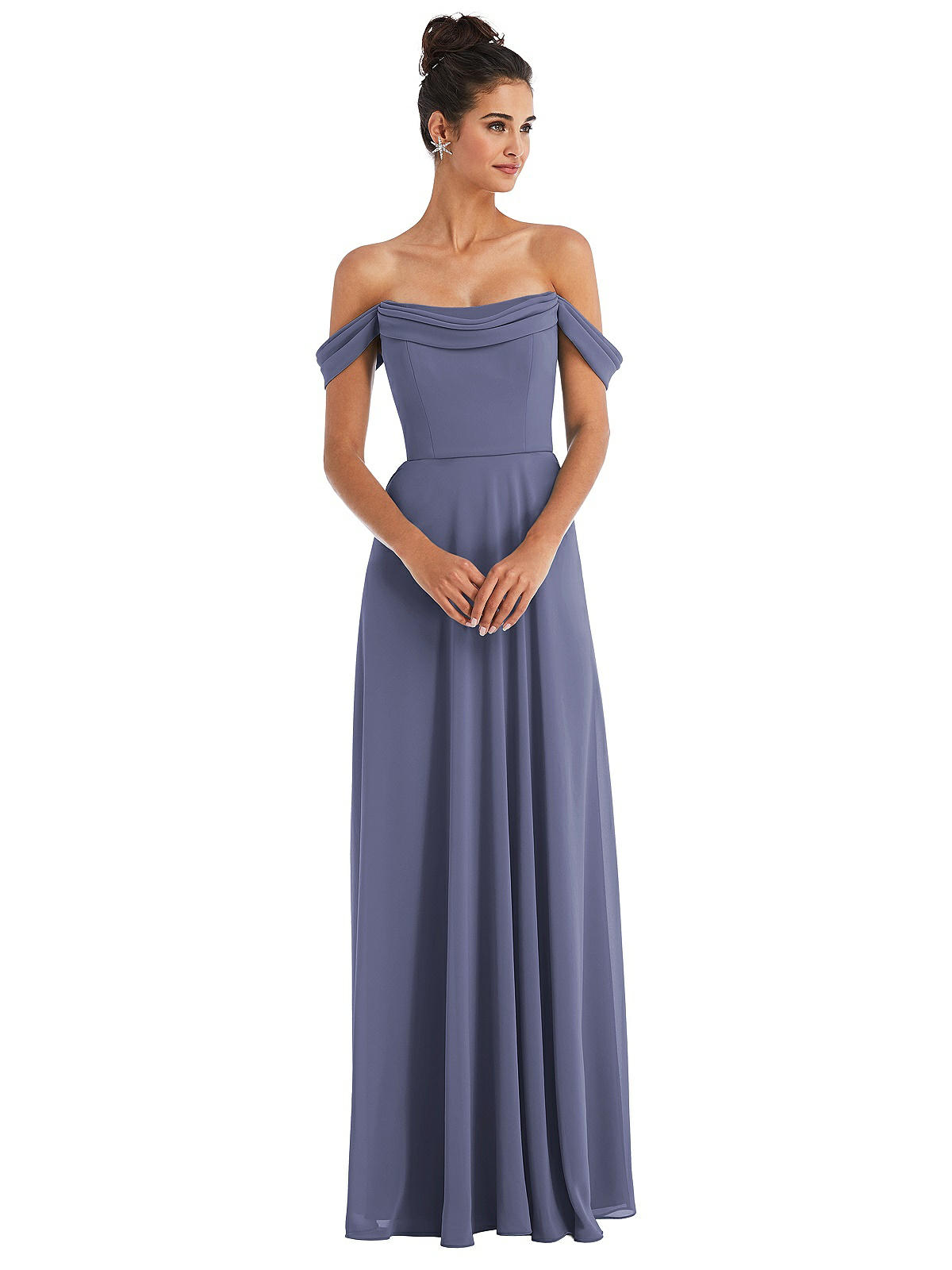 Off-the-shoulder Draped Neckline Maxi Bridesmaid Dress In French Blue