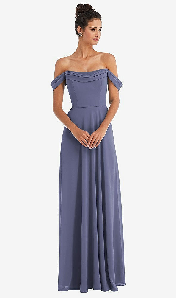 Front View - French Blue Off-the-Shoulder Draped Neckline Maxi Dress
