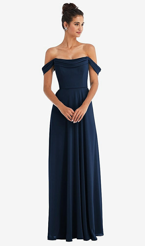Front View - Midnight Navy Off-the-Shoulder Draped Neckline Maxi Dress