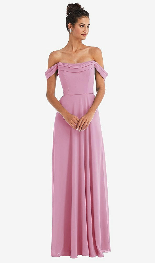 Front View - Powder Pink Off-the-Shoulder Draped Neckline Maxi Dress