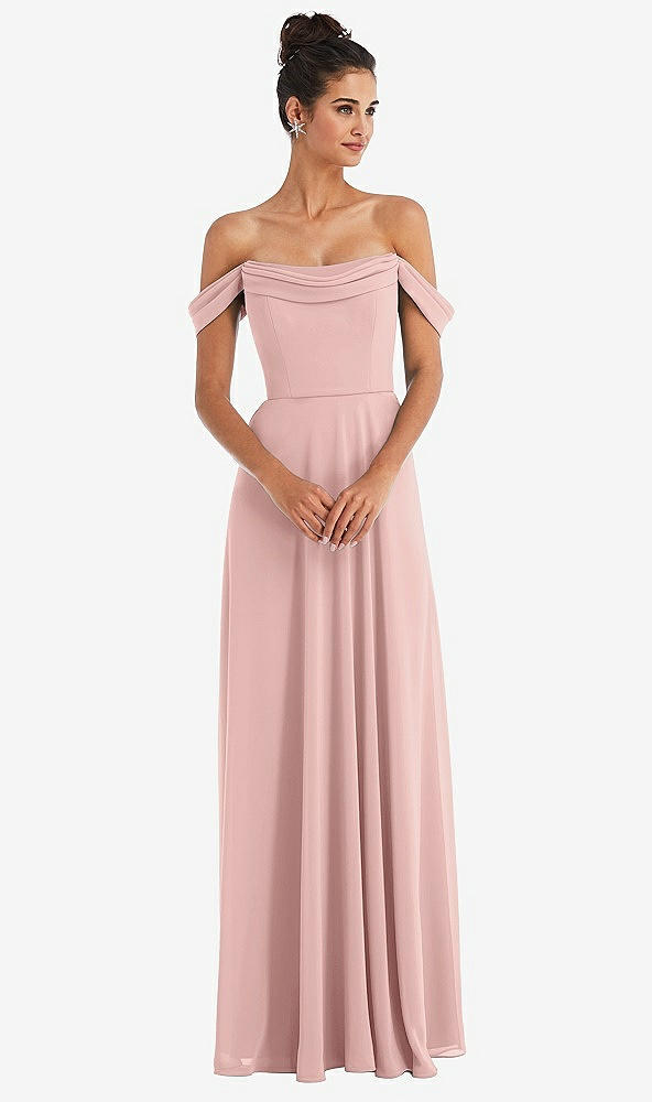 Front View - Rose - PANTONE Rose Quartz Off-the-Shoulder Draped Neckline Maxi Dress