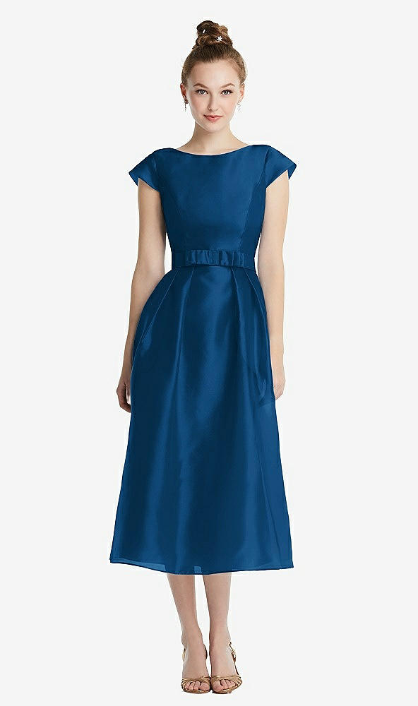 Front View - Comet Cap Sleeve Pleated Skirt Midi Dress with Bowed Waist
