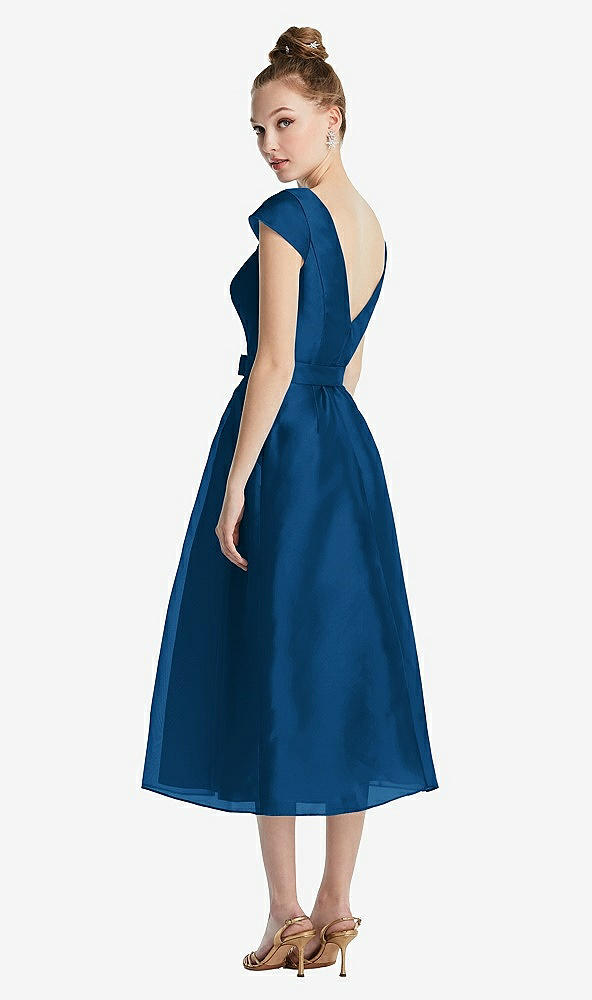 Back View - Comet Cap Sleeve Pleated Skirt Midi Dress with Bowed Waist