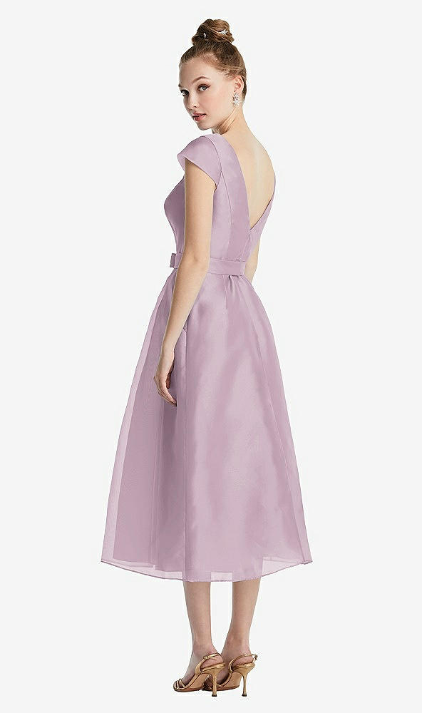 Back View - Suede Rose Cap Sleeve Pleated Skirt Midi Dress with Bowed Waist