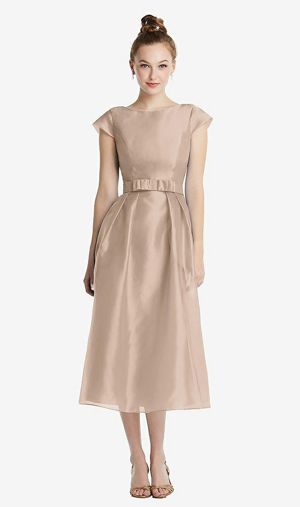 Front View - Topaz Cap Sleeve Pleated Skirt Midi Dress with Bowed Waist