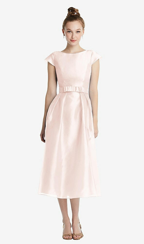 Front View - Blush Cap Sleeve Pleated Skirt Midi Dress with Bowed Waist