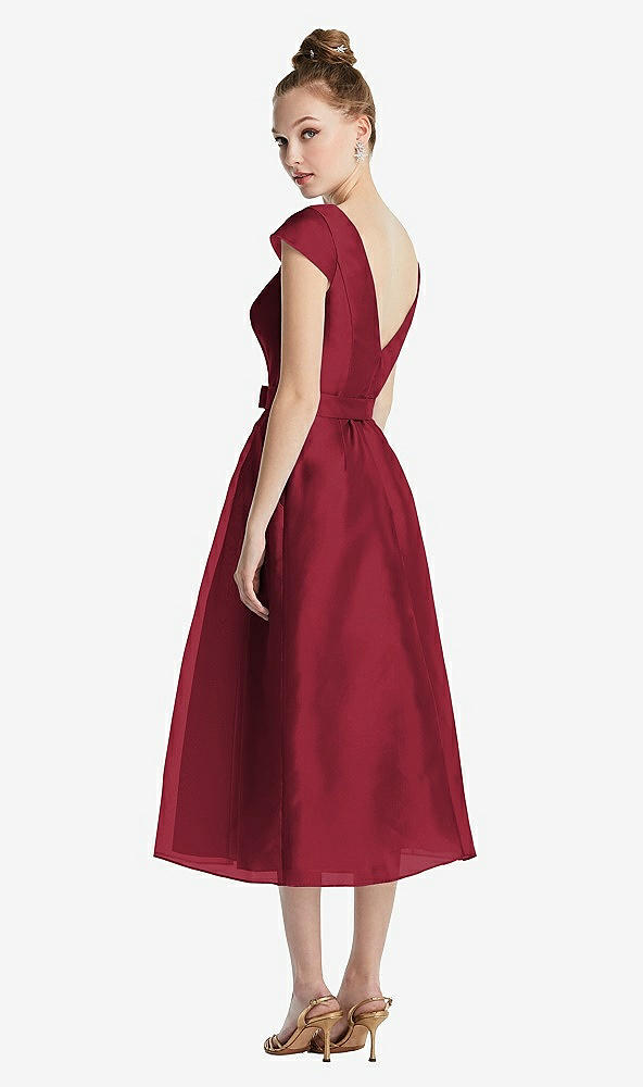 Back View - Claret Cap Sleeve Pleated Skirt Midi Dress with Bowed Waist
