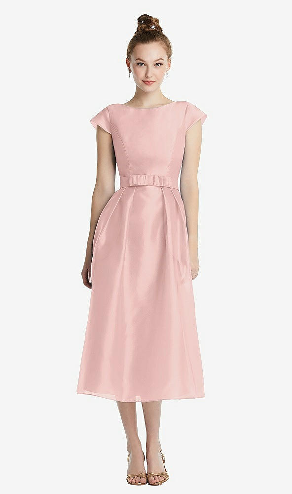 Front View - Rose - PANTONE Rose Quartz Cap Sleeve Pleated Skirt Midi Dress with Bowed Waist