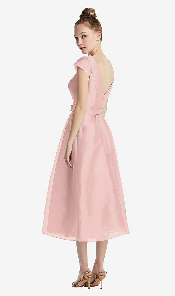 Back View - Rose - PANTONE Rose Quartz Cap Sleeve Pleated Skirt Midi Dress with Bowed Waist