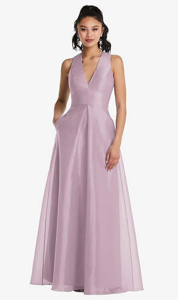 Front View - Suede Rose Plunging Neckline Pleated Skirt Maxi Dress with Pockets