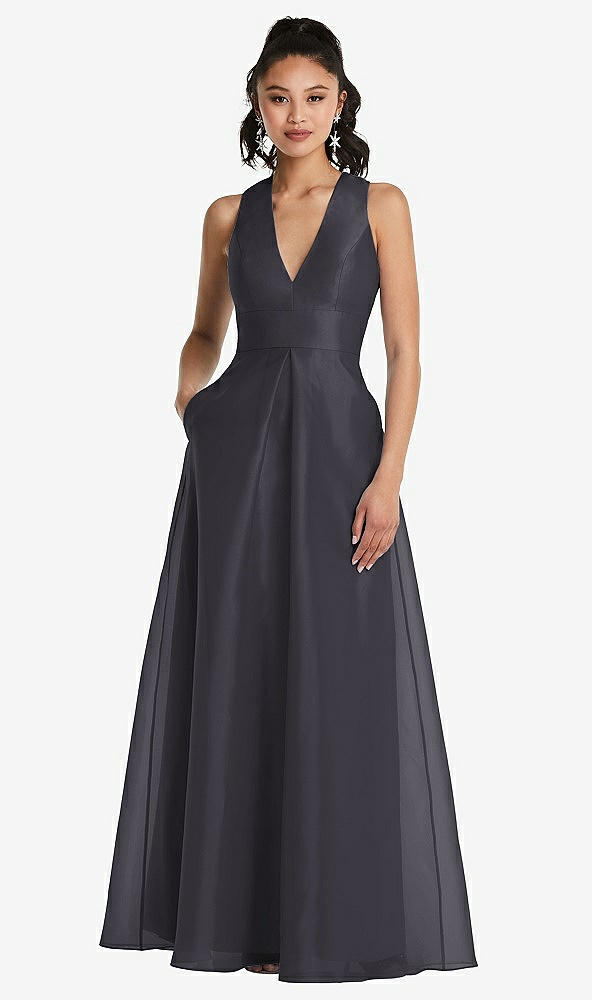 Front View - Onyx Plunging Neckline Pleated Skirt Maxi Dress with Pockets