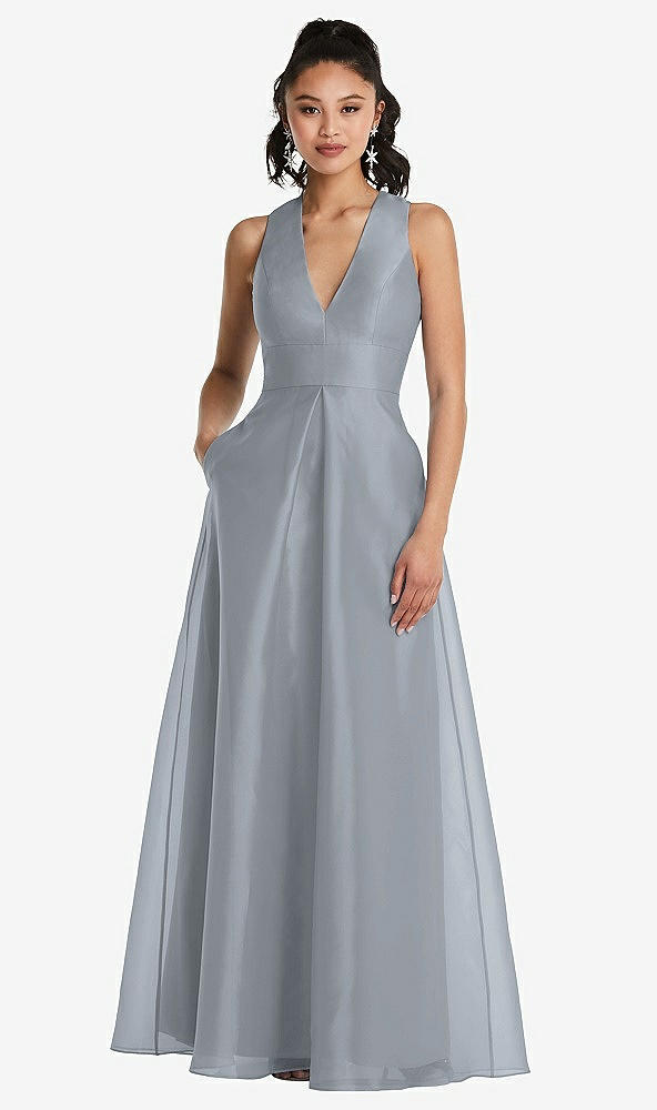 Front View - Platinum Plunging Neckline Pleated Skirt Maxi Dress with Pockets