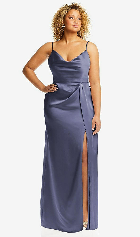 Front View - French Blue Cowl-Neck Draped Wrap Maxi Dress with Front Slit