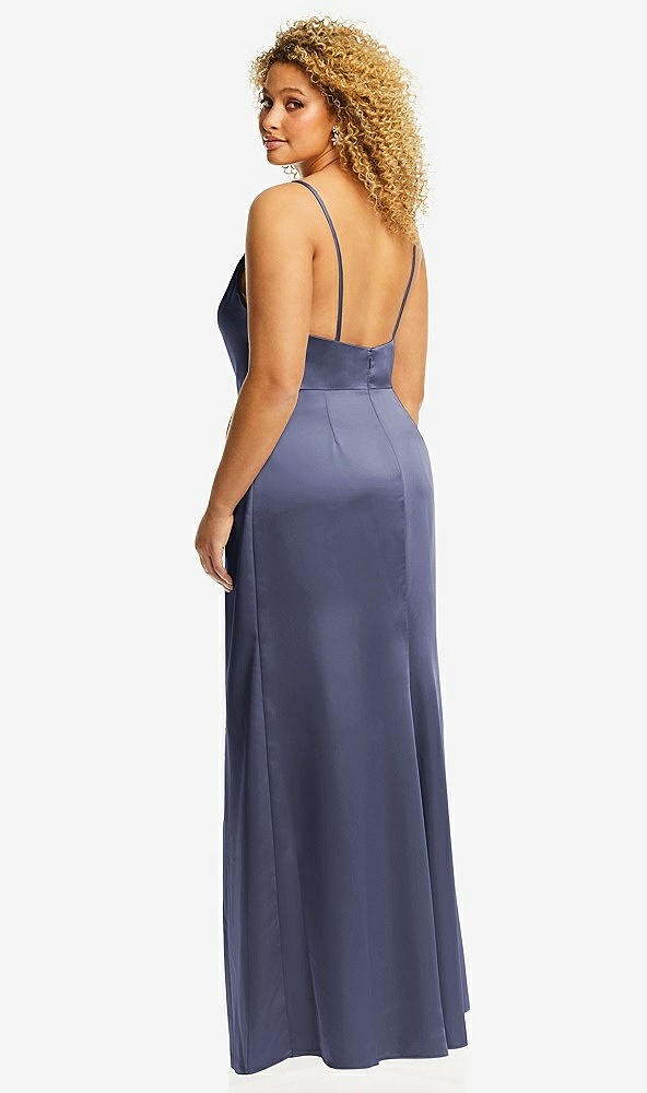 Back View - French Blue Cowl-Neck Draped Wrap Maxi Dress with Front Slit