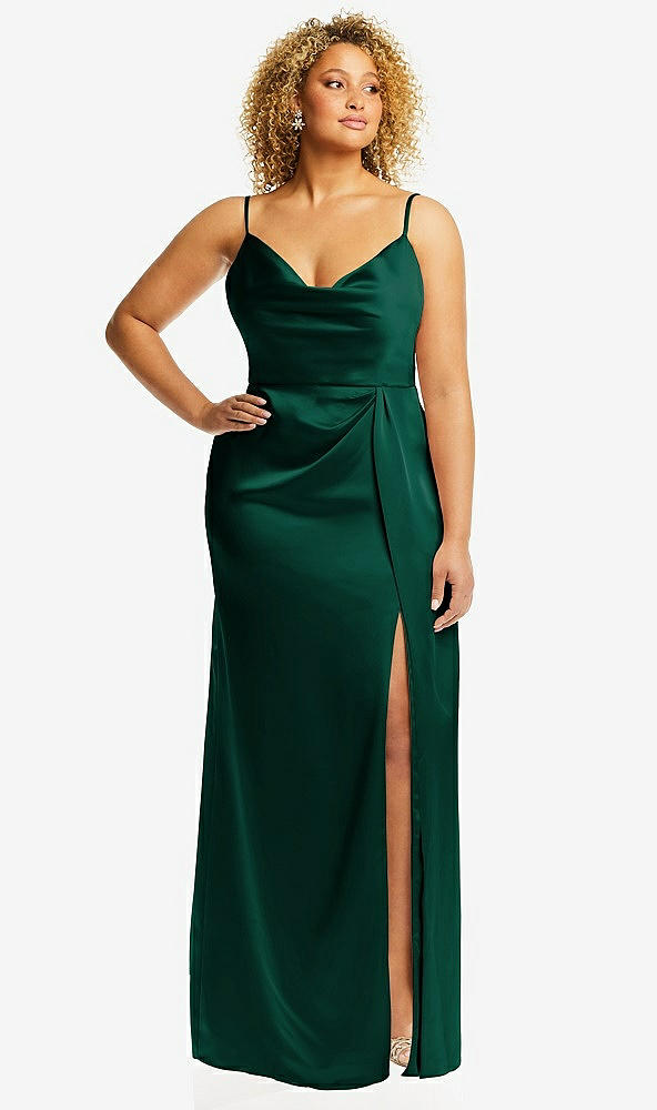 Front View - Hunter Green Cowl-Neck Draped Wrap Maxi Dress with Front Slit
