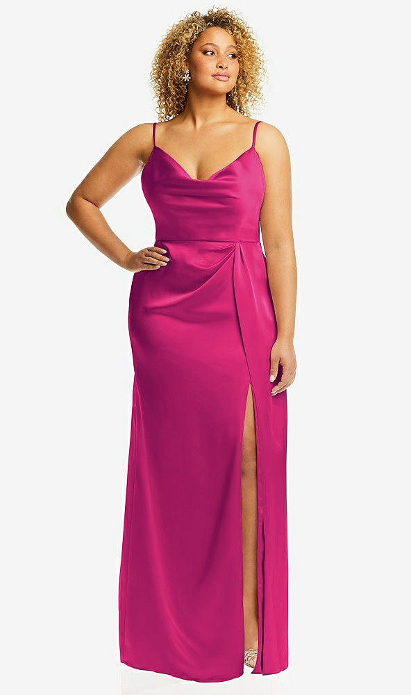 Front View - Think Pink Cowl-Neck Draped Wrap Maxi Dress with Front Slit