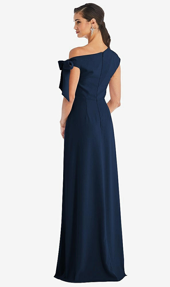 Back View - Midnight Navy Off-the-Shoulder Tie Detail Maxi Dress with Front Slit