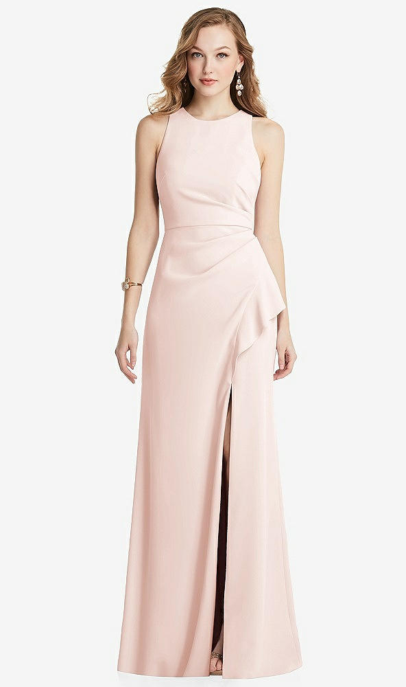 Front View - Blush Halter Maxi Dress with Cascade Ruffle Slit