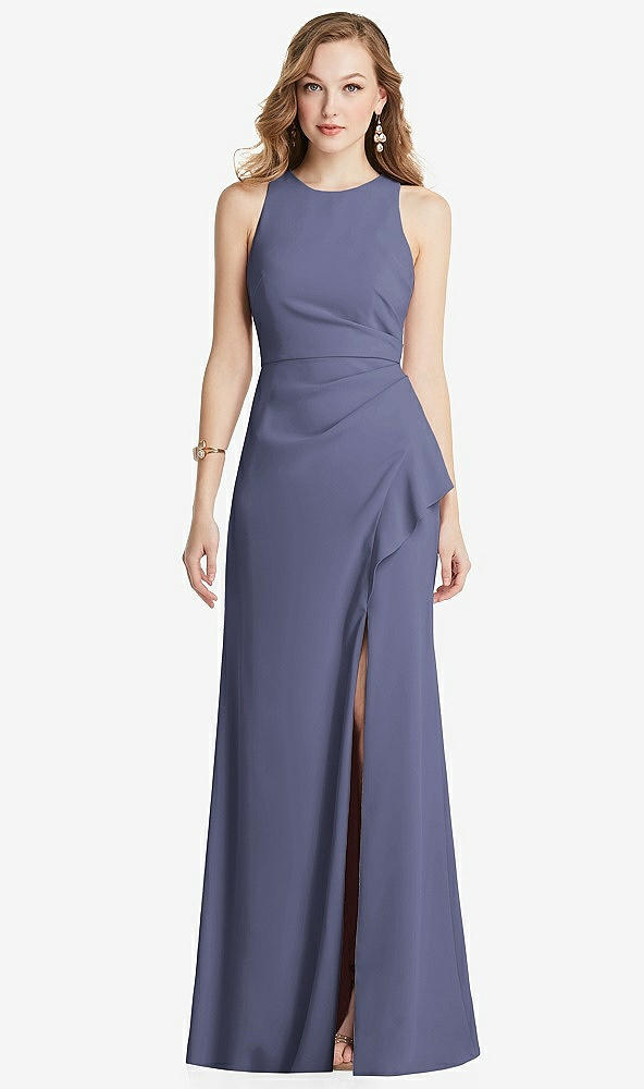 Front View - French Blue Halter Maxi Dress with Cascade Ruffle Slit