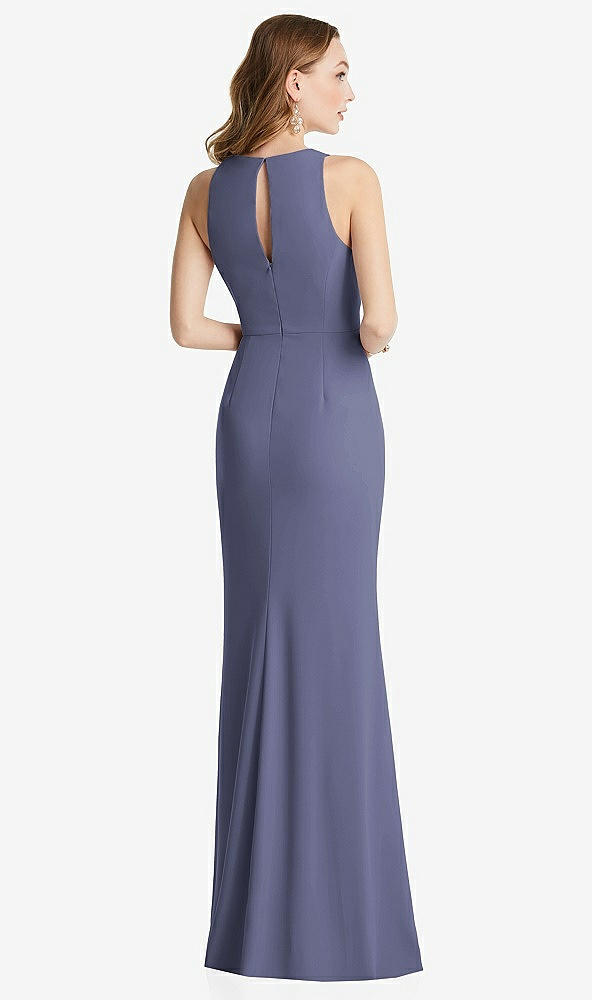 Back View - French Blue Halter Maxi Dress with Cascade Ruffle Slit