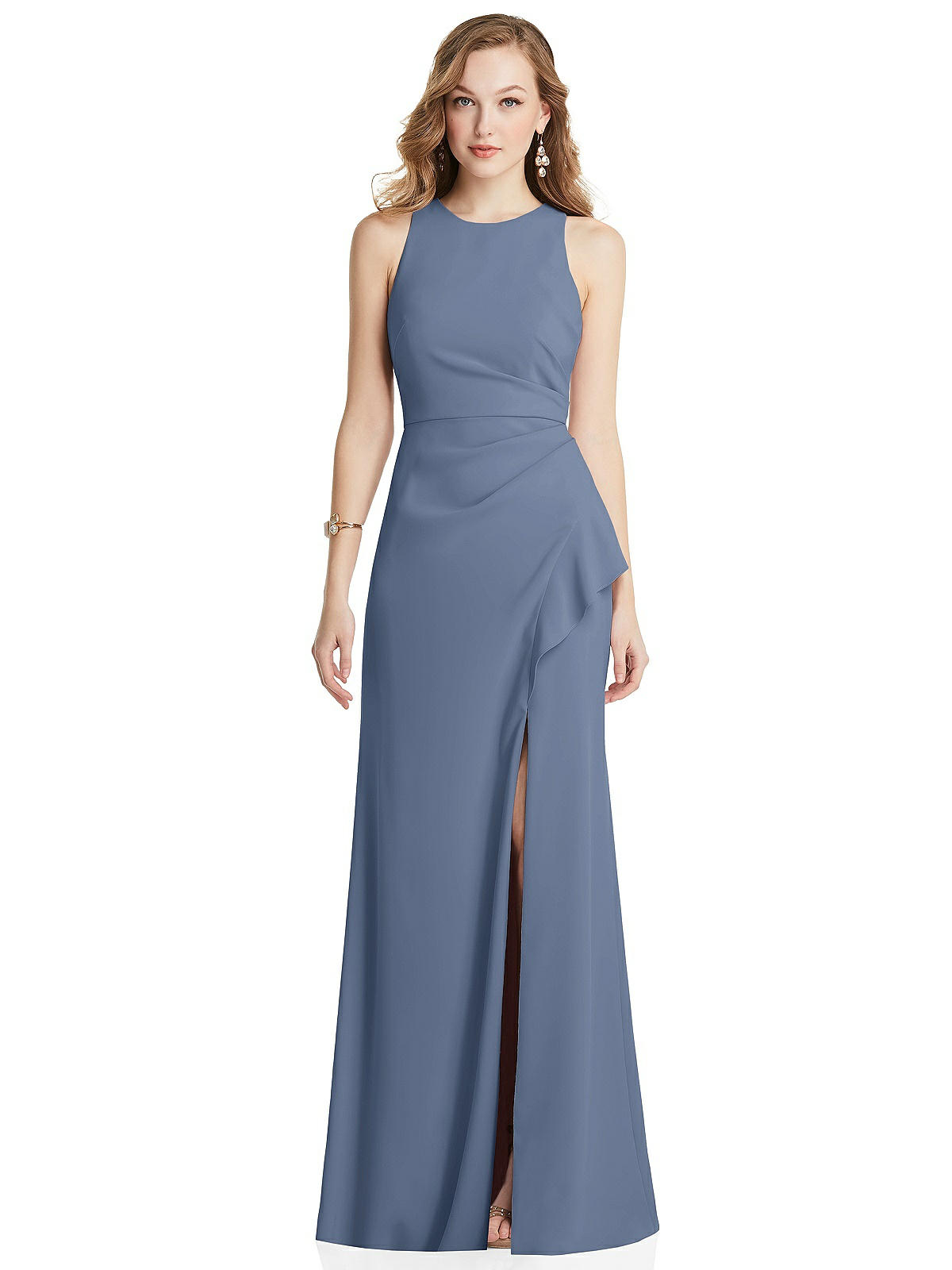 Halter Maxi Bridesmaid Dress With Cascade Ruffle Slit In Larkspur