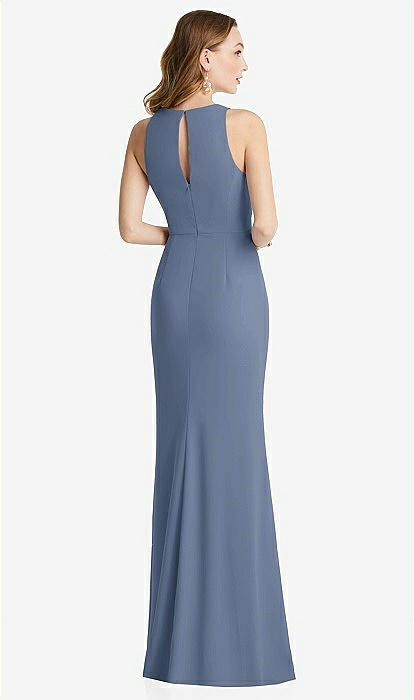 Halter Maxi Bridesmaid Dress With Cascade Ruffle Slit In Larkspur