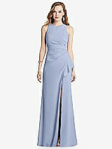 Front View Thumbnail - Sky Blue Halter Maxi Dress with Cascade Ruffle Slit