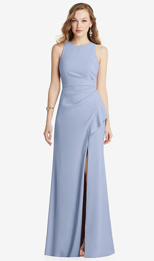 Front View - Sky Blue Halter Maxi Dress with Cascade Ruffle Slit