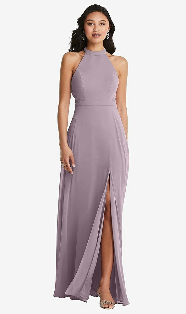 Back View - Lilac Dusk Stand Collar Halter Maxi Dress with Criss Cross Open-Back