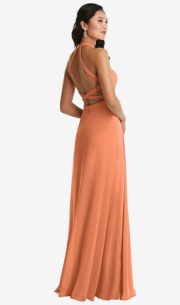 Front View - Sweet Melon Stand Collar Halter Maxi Dress with Criss Cross Open-Back