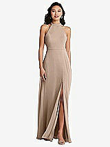 Rear View Thumbnail - Topaz Stand Collar Halter Maxi Dress with Criss Cross Open-Back