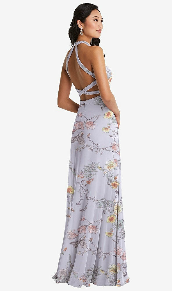 Front View - Butterfly Botanica Silver Dove Stand Collar Halter Maxi Dress with Criss Cross Open-Back