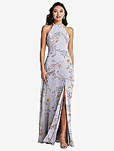 Rear View Thumbnail - Butterfly Botanica Silver Dove Stand Collar Halter Maxi Dress with Criss Cross Open-Back