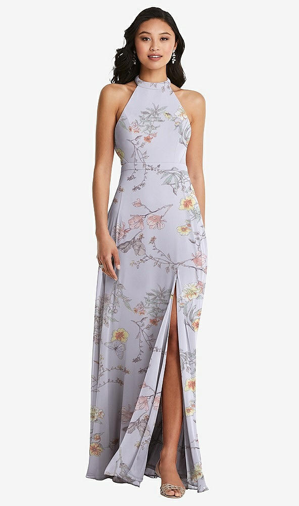 Back View - Butterfly Botanica Silver Dove Stand Collar Halter Maxi Dress with Criss Cross Open-Back