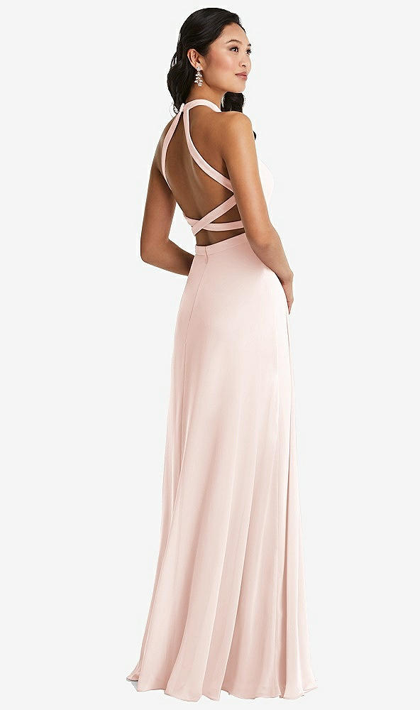 Front View - Blush Stand Collar Halter Maxi Dress with Criss Cross Open-Back
