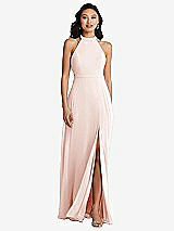 Rear View Thumbnail - Blush Stand Collar Halter Maxi Dress with Criss Cross Open-Back