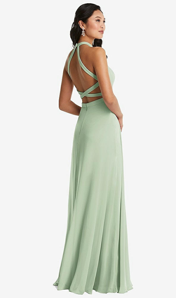 Front View - Celadon Stand Collar Halter Maxi Dress with Criss Cross Open-Back