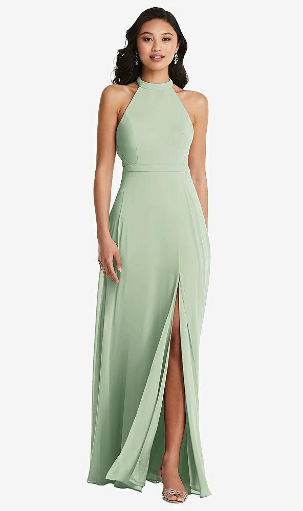 Back View - Celadon Stand Collar Halter Maxi Dress with Criss Cross Open-Back