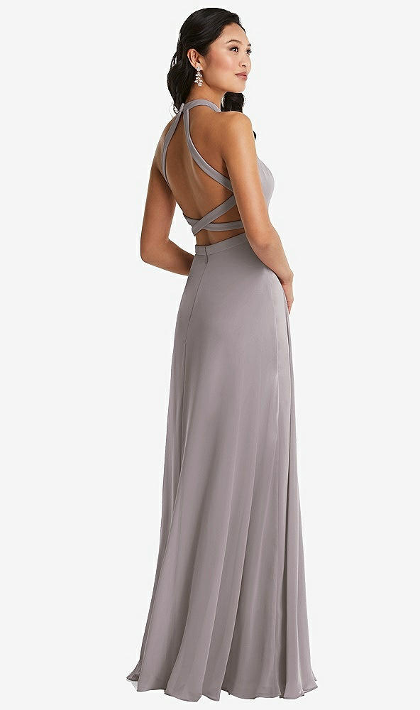Front View - Cashmere Gray Stand Collar Halter Maxi Dress with Criss Cross Open-Back