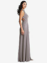 Side View Thumbnail - Cashmere Gray Stand Collar Halter Maxi Dress with Criss Cross Open-Back