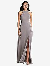 Rear View Thumbnail - Cashmere Gray Stand Collar Halter Maxi Dress with Criss Cross Open-Back