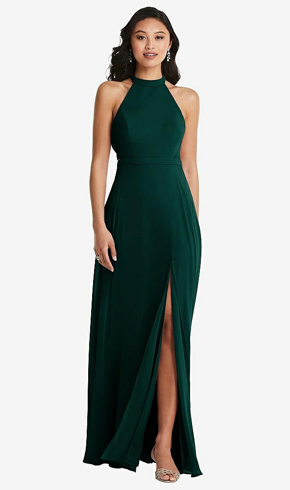 Back View - Evergreen Stand Collar Halter Maxi Dress with Criss Cross Open-Back