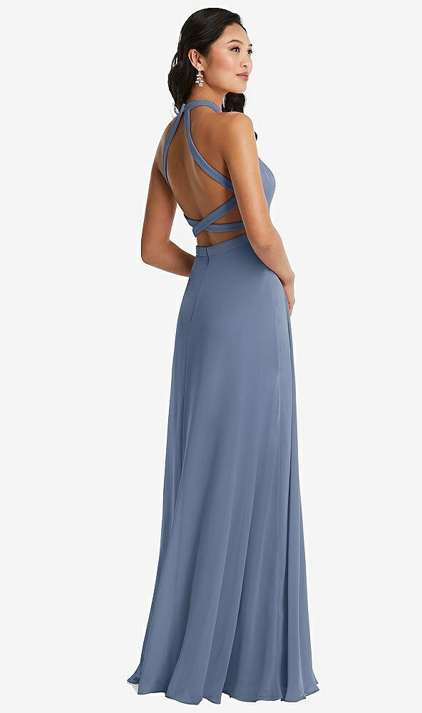 Front View - Larkspur Blue Stand Collar Halter Maxi Dress with Criss Cross Open-Back
