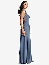 Side View Thumbnail - Larkspur Blue Stand Collar Halter Maxi Dress with Criss Cross Open-Back