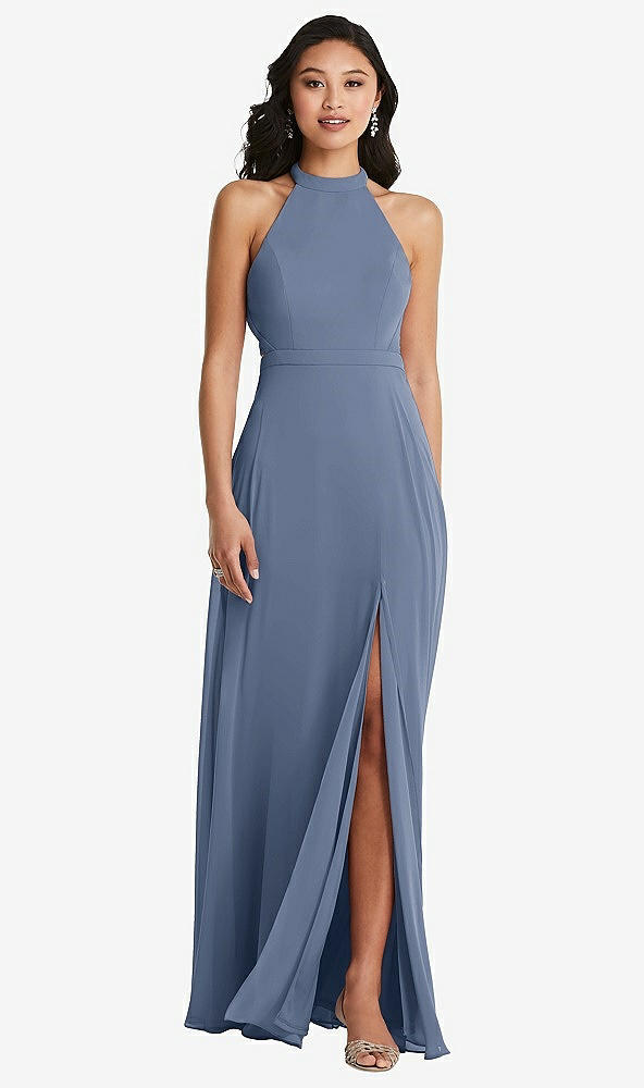 Back View - Larkspur Blue Stand Collar Halter Maxi Dress with Criss Cross Open-Back