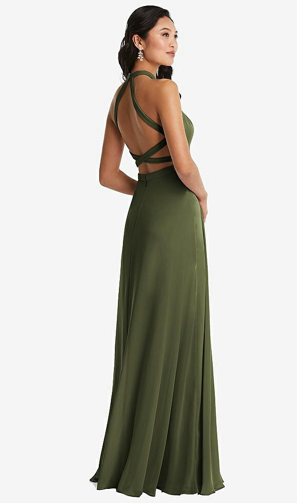 Front View - Olive Green Stand Collar Halter Maxi Dress with Criss Cross Open-Back