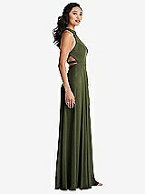 Side View Thumbnail - Olive Green Stand Collar Halter Maxi Dress with Criss Cross Open-Back