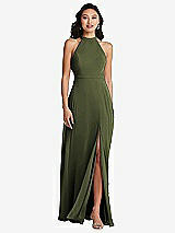 Rear View Thumbnail - Olive Green Stand Collar Halter Maxi Dress with Criss Cross Open-Back