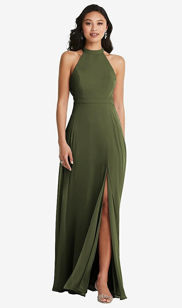 Back View - Olive Green Stand Collar Halter Maxi Dress with Criss Cross Open-Back