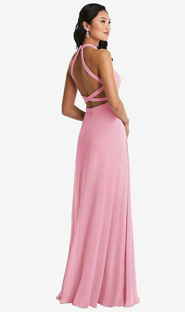 Front View - Peony Pink Stand Collar Halter Maxi Dress with Criss Cross Open-Back